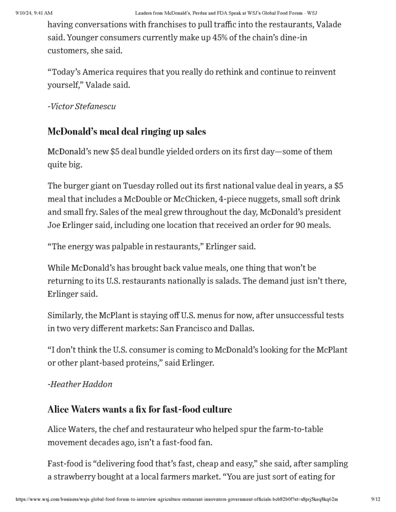 Leaders from McDonalds Perdue and FDA Speak at WSJs Global Food Forum WSJ - Page 9