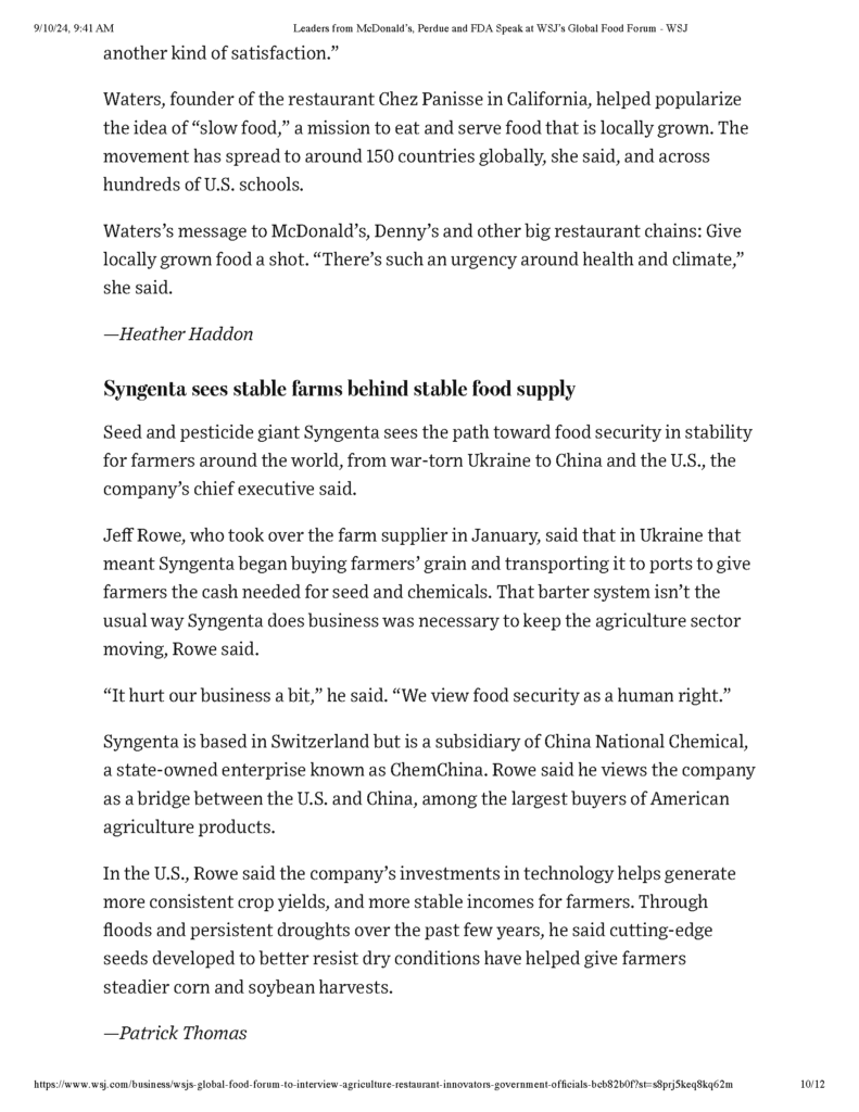 Leaders from McDonalds Perdue and FDA Speak at WSJs Global Food Forum WSJ - Page 10